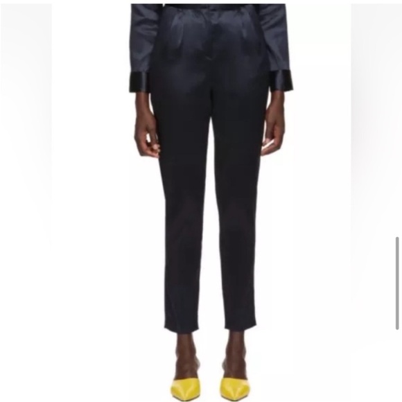Navy Shiny Mansur Gavriel Satin High Rise Tapered Pleat Trouser Pants [Size 2] - Picture 1 of 7